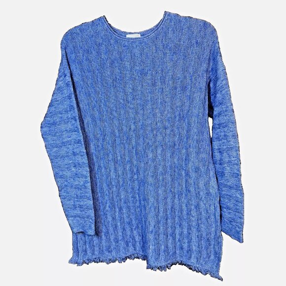J Jill Knit Tunic Fringe Hem Faux Button Back Marled Sweater Azure Blue Size M - Picture 2 of 10